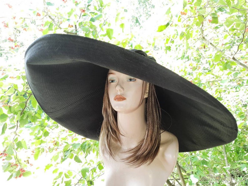 Extra large brim sun hat, women's Sun hat, wide brim summer hat, linen sun hat, linen hat with extra wide brim, black sun protection hat image 9