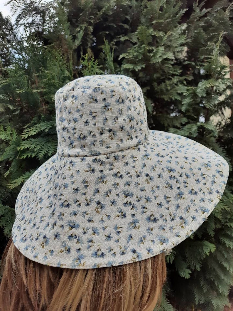 Women linen summer sun hat Panama, white linen on blue small flowers sun hat, women sun hat with wide brim and drawstring image 4