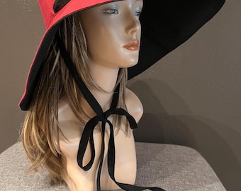 Both sides Burgundy and black linen Sun  hat with wide brim and ties summer hat, women's linen sun hat Panama, brooch rose