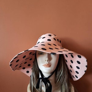 Polka dot sun hat Panama, cream-beige summer hat, wide brim and strings summer hat, sun protection beach wear romantic style sun hat Panama image 9