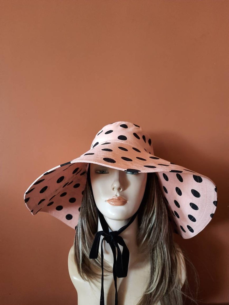 Polka dot sun hat Panama, cream-beige summer hat, wide brim and strings summer hat, sun protection beach wear romantic style sun hat Panama image 9