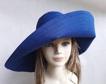 Chapéu de proteção solar de algodão azul marinho feminino, chapéu estilo feminino com aba larga, chapéu de verão de aba grande