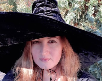 Custom order.  Black velvet Witch hat, Extra wide brim witch hat, black witch's hat, Halloween hat, witch's hat for order