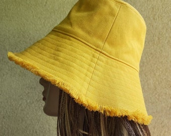 Panama hat/Woman yellow denim bucket sun hat/summer hats/ women's bucket sun protection hat/denim bucket hat with a disheveled edge/fringe