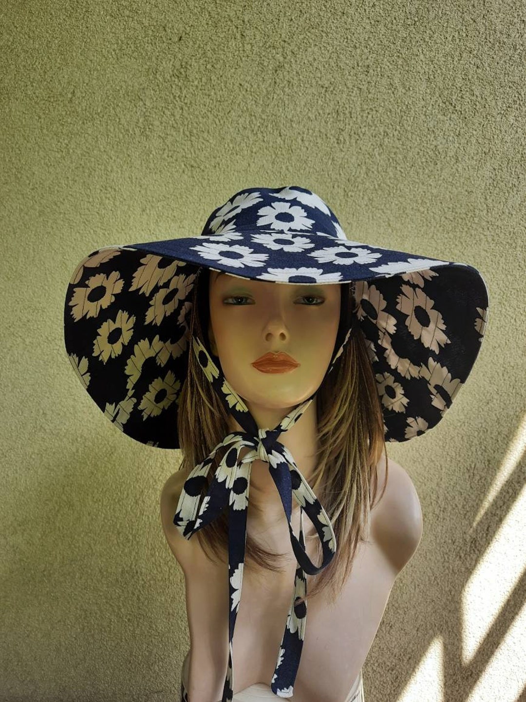 Women's Blue Linen Summer Sun Hat Panama, Navy Blue Linen on White