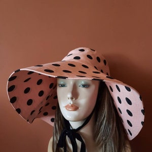 Polka dot sun hat Panama, cream-beige summer hat, wide brim and strings summer hat, sun protection beach wear romantic style sun hat Panama image 6