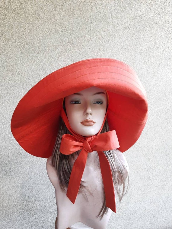 Women's Coral Cotton Sun Protection Hat, Women' Sun Hat With Wide Brim and  Ties, Orange Bucket Sun Hat, Large Brim Coral Cotton Fabric Hat 