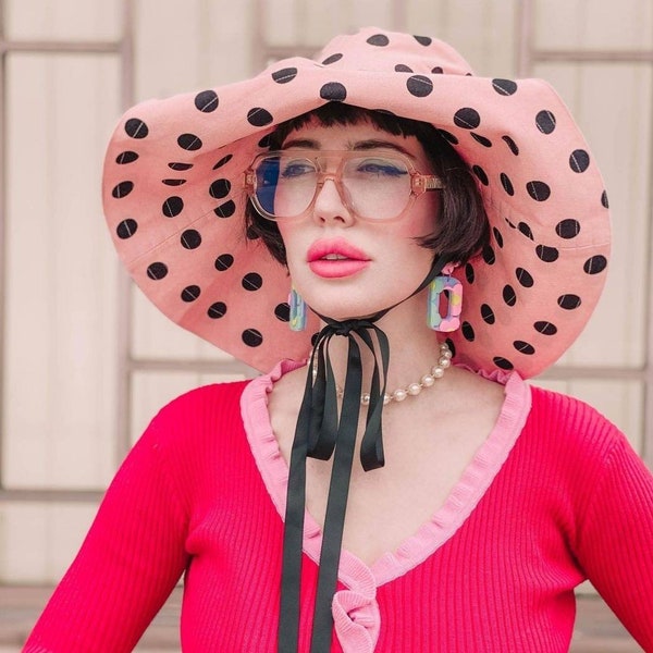 Polka dot sun hat Panama, cream-beige summer hat, wide brim and strings summer hat, sun protection beach wear romantic style sun hat Panama