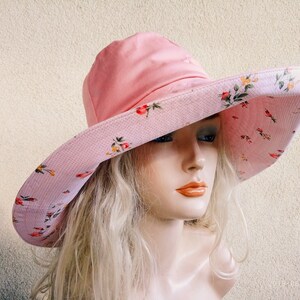 Flowers Pink Cotton Sun Hat With Wide Brim, Women