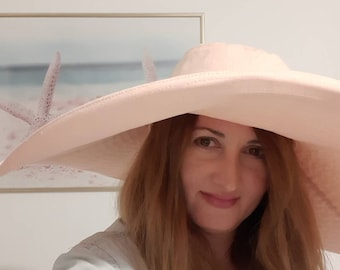 Custom order. Sun hat, brim 7", women's wide brim natural linen  sun hat with ties, extra large brim, peach linen sunhat