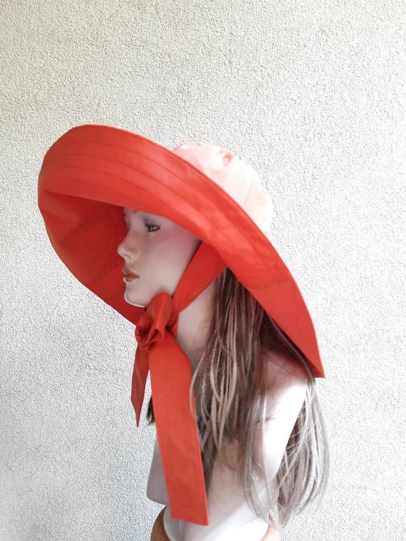 Women's Coral Cotton Sun Protection Hat, Women' Sun Hat with Wide Brim and Ties, Orange Bucket Sun Hat, Large Brim Coral Cotton Fabric Hat
