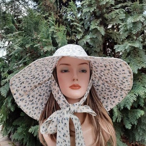 Women linen summer sun hat Panama, white linen on blue small flowers sun hat, women sun hat with wide brim and drawstring