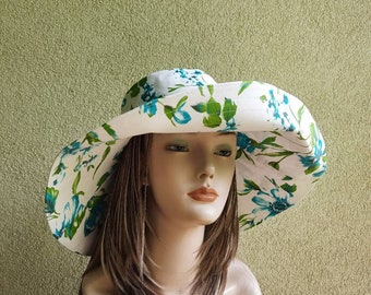 Women's cotton sun protection hat with wide brim, flowers cotton sun hat, large brim white cotton hat for beach,turquoise cotton fabric hats