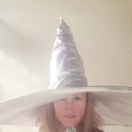 Extra large Witch shops hat,silver witch's hat, Extra wide brim witch hat, witch's hat with ties, Halloween hat, witch's hat for order