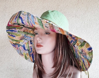 Extra large brim green linen sun hat Panama, cactus print summer hat,  women's linen sun hats with wide brim, large brim hat beach wear