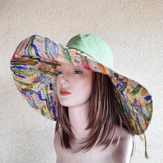 Extra Large Brim Green Linen Sun Hat Panama, Cactus Print Summer Hat,  Women's Linen Sun Hats With Wide Brim, Large Brim Hat Beach Wear 