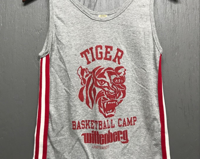XS vtg 80s Wittenberg University Tigers basketball camp heather grey tank top t shirt * Ohio