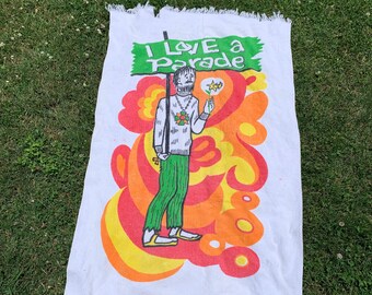 vtg 60s I Love A Parade hippie beach towel * psych mod freak out drugs lsd shrooms * 96.38