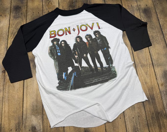 L vintage 1989 Bon Jovi The Brotherhood tour t shirt * New Jersey raglan concert jersey 80s