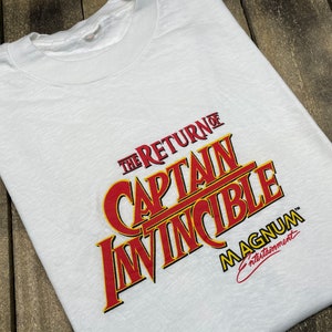 L * vintage 80s 1983 The Return Of Captain Invincible movie promo t shirt * rocky horror picture show Richard O&#39;Brien cult classic vhs