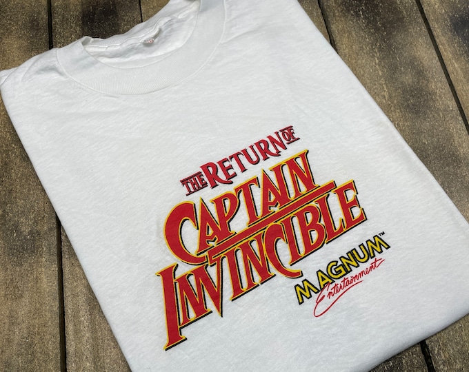 L * vintage 80s 1983 The Return Of Captain Invincible movie promo t shirt * rocky horror picture show Richard O'Brien cult classic vhs