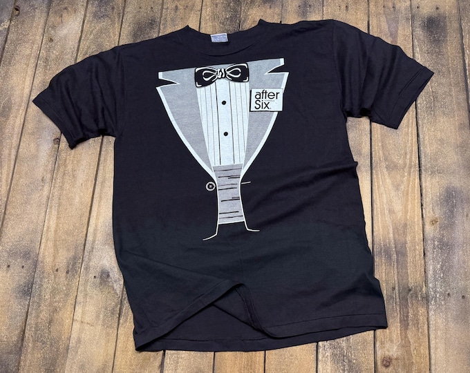 L vintage 80s Poly Tees After Six tuxedo t shirt * novelty joke costume