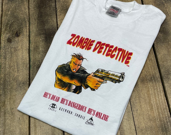 M * deadstock vintage 90s 1996 America Online Zombie Detective t shirt * comic video game z media * 23.183