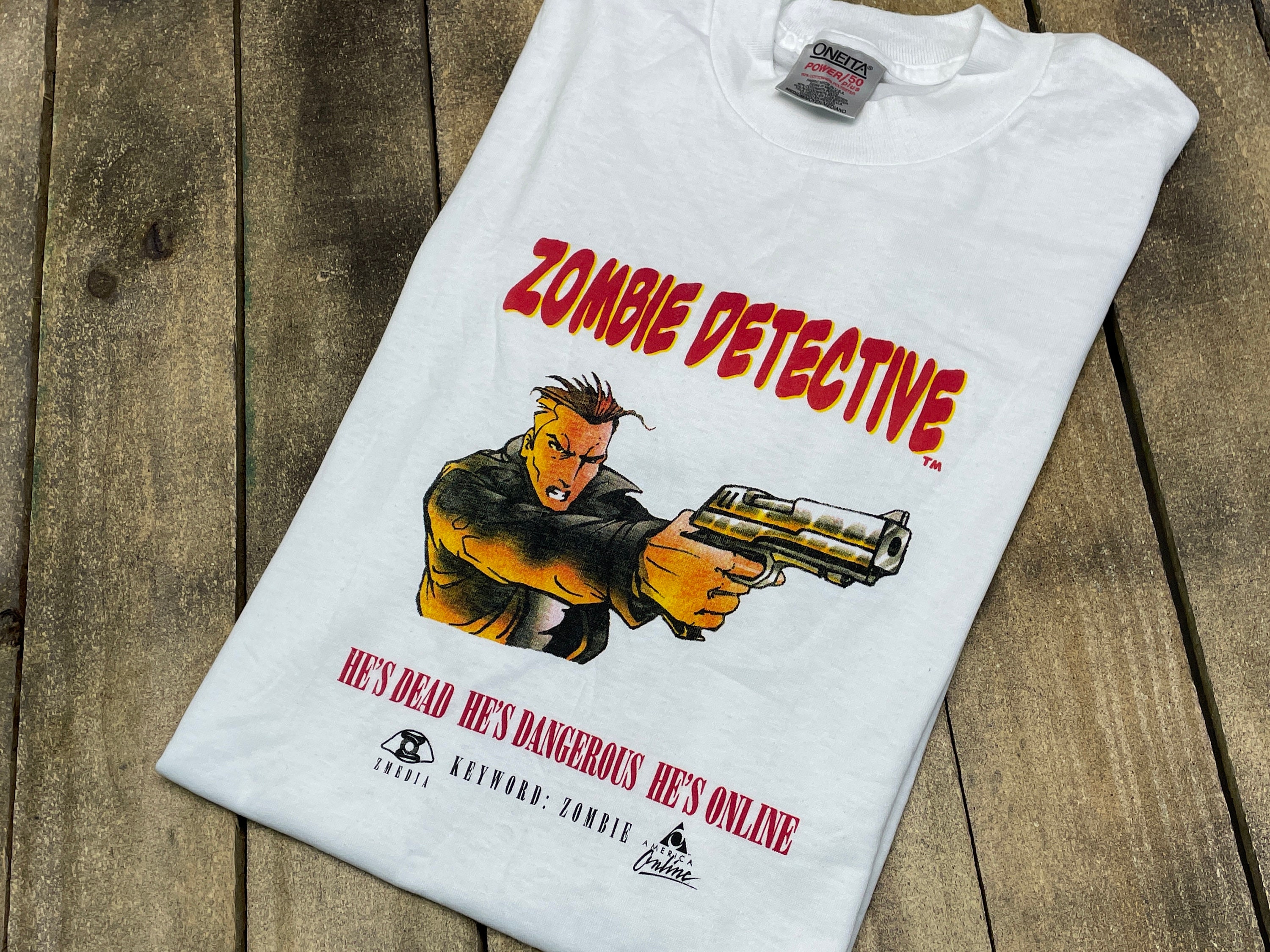 M * deadstock vintage 90s 1996 America Online Zombie Detective t shirt * comic video game z media * 23.183