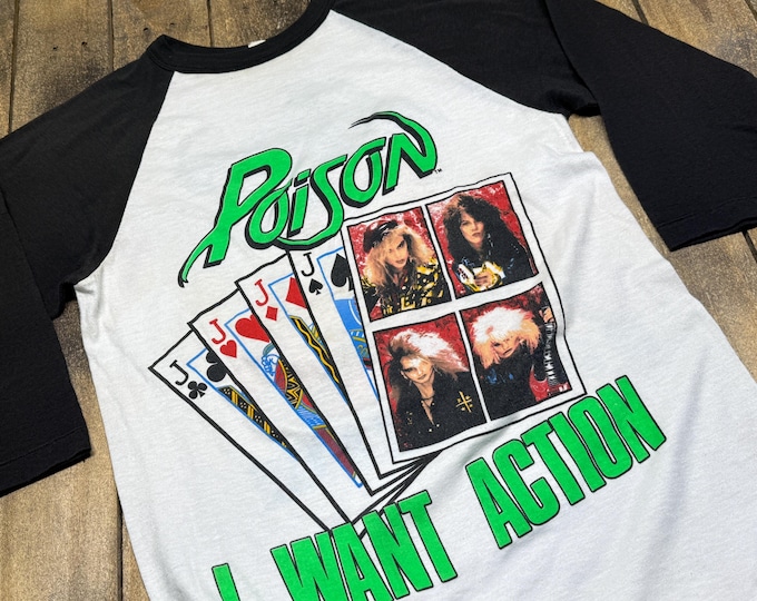 S vintage 80s Poison i want action t shirt * look what the cat dragged in glam tour raglan