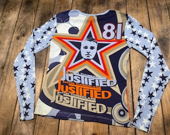 womens M vintage 2002 Justin Timberlake justified all over print shirt * y2k t tour