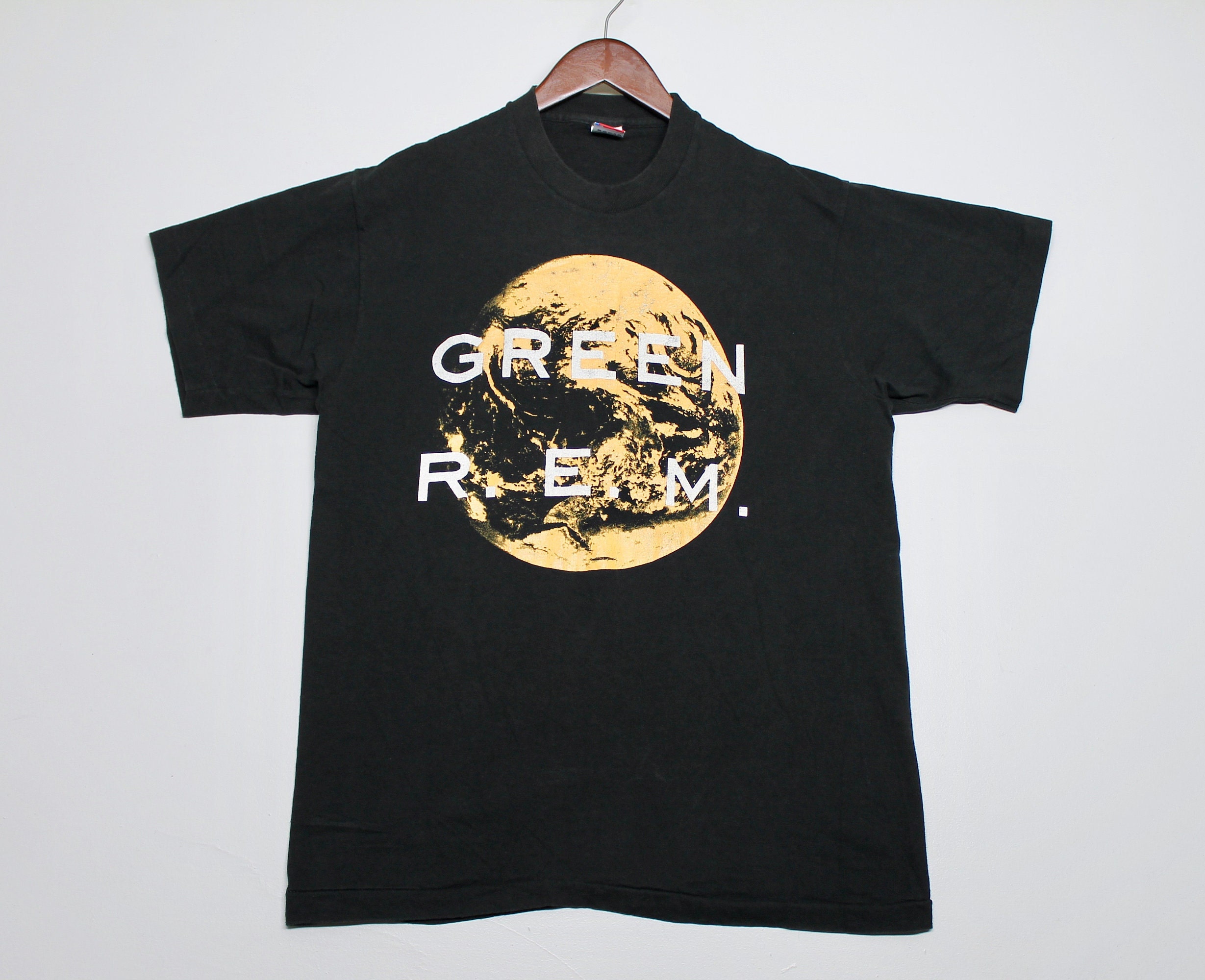L * vtg 80s 1989 R.E.M. green t shirt * rem * 98.4