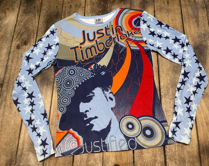 womens XS vintage 2002 Justin Timberlake justified all over print shirt * y2k t tour *