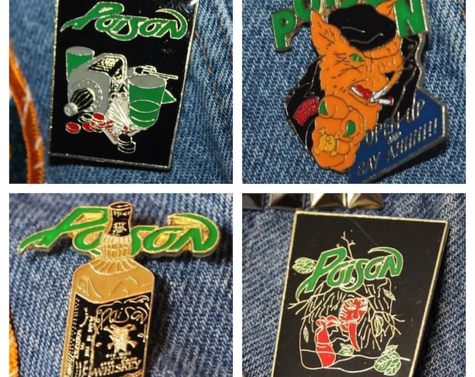 Lot of 4 * NOS vtg 80s POISON licensed enamel pin for shirt jacket hat Glam Metal