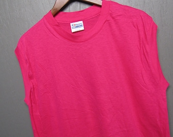L * NOS vtg 80s Blank Hanes muscle t shirt * Fuchsia * 38.166 pink
