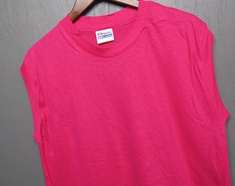 L * NOS vtg 80s Blank Hanes muscle t shirt * Fuchsia * 38.166 pink