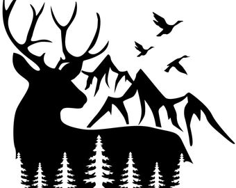 May include: Black and white silhouette of a deer with large antlers standing in front of a mountain range with pine trees in the foreground.  The deer is facing left and the mountains are in the background.