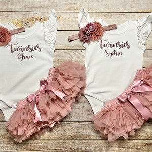 Baby girl Twins Outfits, Twinsies Matching T Shirt Flutter Bodysuit, New Baby Gift, Toddler baby Twins optional Barefoot Sandal and headband