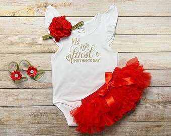 My First Mother's Day Outfit with Red Tutu Bloomer & Headband - Adorable Flutter Sleeve Bodysuit for Memorable Mother's Day Gift - Mom gift