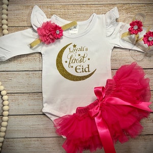 Baby girl eid, My first Eid Top with Fuchsia Tutu Bloomer and optional Headband, First Ramadan, Eid Gifts, Eid Mubarak, Eid al-Fitr Bdyst+Tutu+Hb+BrftS