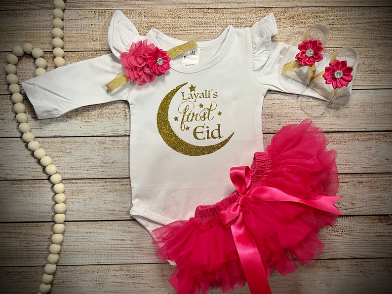 Baby girl eid, My first Eid Top with Fuchsia Tutu Bloomer and optional Headband, First Ramadan, Eid Gifts, Eid Mubarak, Eid al-Fitr Bdyst+Tutu+Hb+BrftS