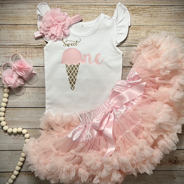 Baby girls Sweet One Ice Cream Birthday, First Birthday, Baby Pale Pink Petti Skirt, Cake Smash Set, 1st Birthday Girl, Ice Cream Birthday