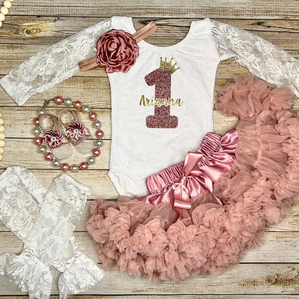 Baby Girl Personalized 1st Birthday Outfit in Rose Gold and Gold,  Birthday Princess first Birthday Photos and Cake Smash,  Gift for Girl