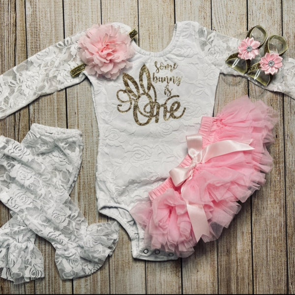 Baby Girl Some Bunny is One, 1st Birthday Outfit, Lace Bodysuit and Pink Tutu Bloomer the perfect Bunny Themed first Birthday girl outfit