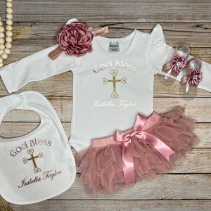 Baby Girl Baptism Outfit I Rose Gold & Gold - Baby Dedication Outfit - Christening Outfit - God Bless Outfit - Dusty Pink