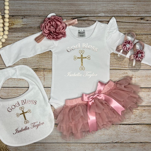 Baptism Outfit Girl Gold / Baptism Gift Baby Girl / God Bless Etsy