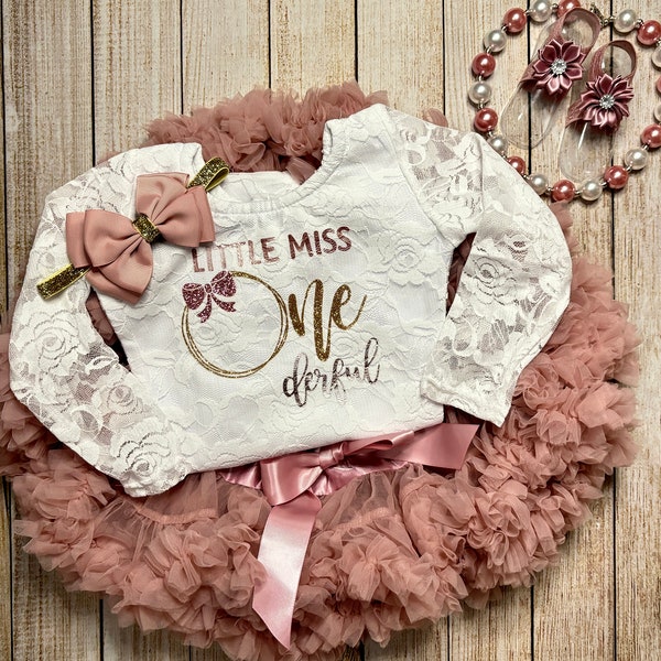 Little Miss Onederful Rose Gold and Gold First Birthday on Lace Bodysuit with Dusty Pink Petti Skirt and your choice of accessories to match