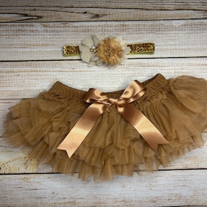 Baby Tutu with built in Bloomer with Satin Bow in color Light Brown, Baby Girl diaper cover, Holiday Skirt for baby, Tutu and headband set