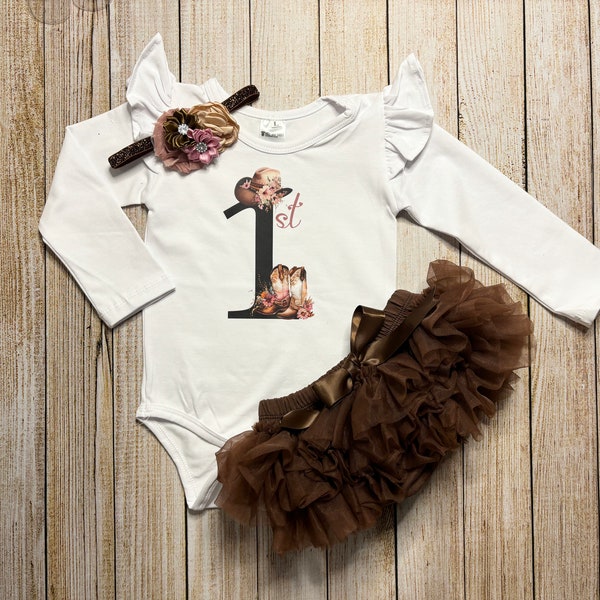 Baby girl 1st Birthday Tutu outfit - Brown Tutu with color coordinating western design - Country Western Rodeo First Birthday set - Cowgirls