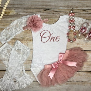 Baby Girl First Birthday Lace Outfit in Rose Gold with Dusty Pink Mauve Tutu Bloomer and optional accessories, Headband, Necklace, Leggings
