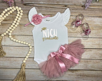 Baby Girl NICU Graduate Flutter Bodysuit with Gold and Rose Gold design, Ombre Dusty Pink and White Tutu Bloomer, Choice of accessories